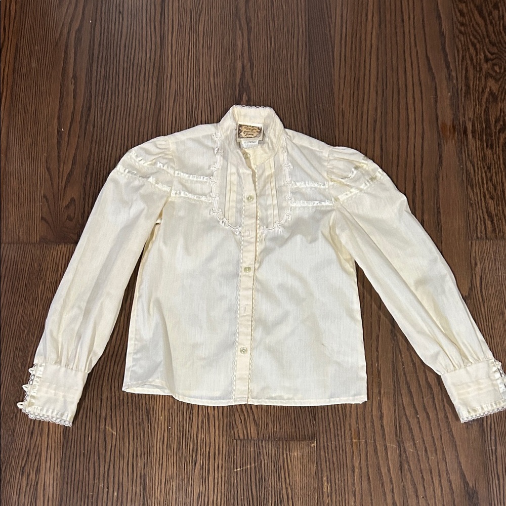Gunne Sax Cream Button Down Kids prairie Victorian puff sleeve blouse vintage 8